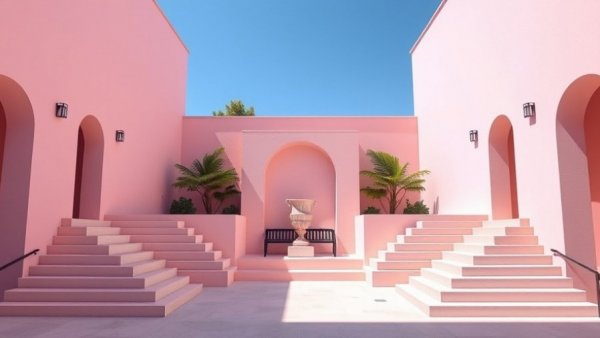 La Salvada Retreat architecture with pastel pink design and niche.