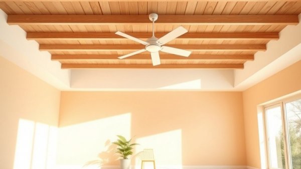 Interior of Ses Veles Housing Project with wooden ceiling and fan.