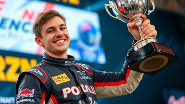 F1 racing strategies event with driver holding trophy.