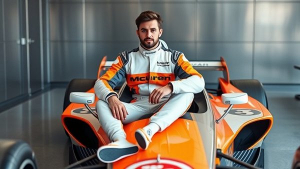 Confident man with McLaren Indy car in garage for 2026 Indianapolis 500.