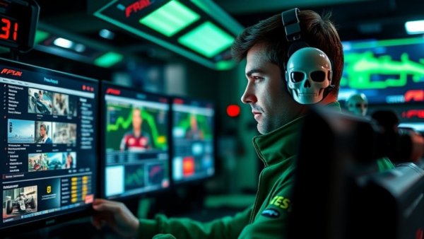 Engineer analyzing Aston Martin F1 design in tech-filled pit.