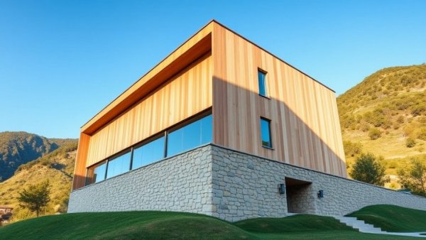 Casa Jeronimo architecture; modern building with stone base and greenery.