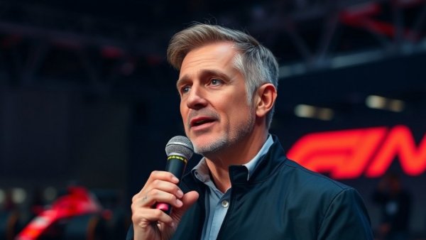 Middle-aged man speaking at Formula One event, holding microphone.