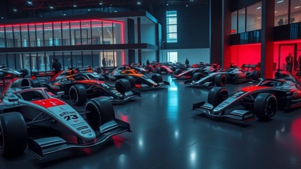 Formula one car lineup in dimly lit showroom with glowing lights.