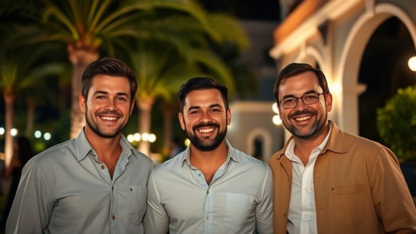 Three men smiling at night event with palm trees background, NTCA Technical Committee Impact Award.