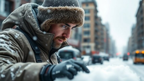 Construction worker with cold-weather gear at snowy site.