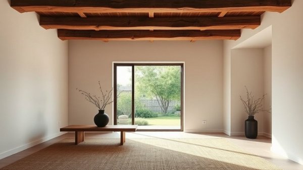 Minimalist interior at Guest House No. 16 with rustic beams and natural light.