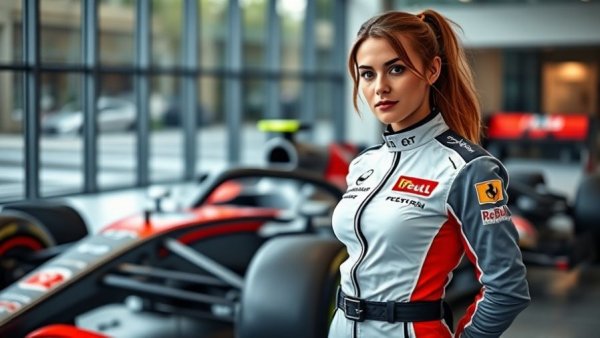 Industrial placement student in F1 racing team attire beside a Formula 1 car.