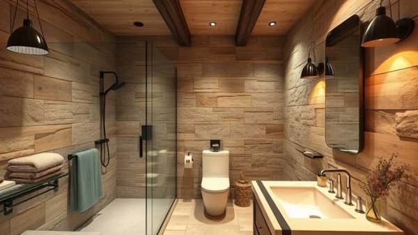 Modern bathroom in mountain home with natural stone applications.
