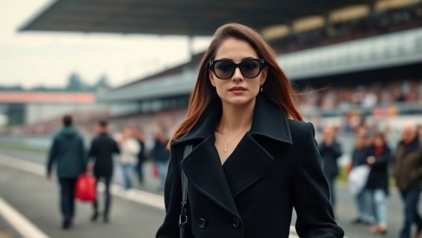 F1 Academy women in racing, stylish woman at a racetrack, dynamic scene.