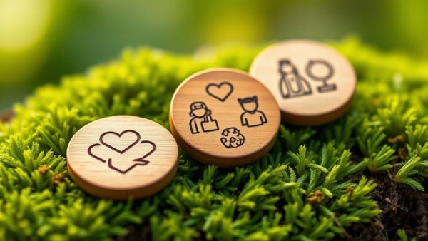 Wooden discs with health, safety, environment icons in nature.