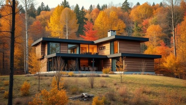 Modern residential architecture in Connecticut amid fall foliage.