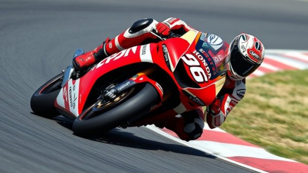 Honda MotoGP rider cornering on track, capturing speed and precision.