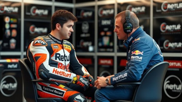 Focused motorcycle racer in pit, conversing with team member.