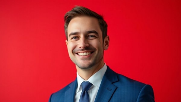 Milwaukee Tool leadership transition, businessman in blue suit, red background.