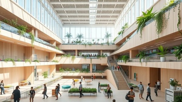 Modern educational architecture featuring open design and greenery.