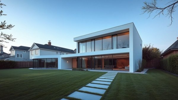 Modern minimalist house in Escobar with glass facade and lawn.