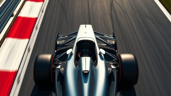 Mercedes F1 car racing on track, illustrating speed dynamics.