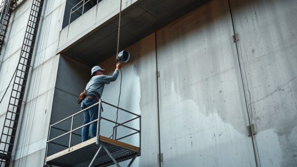 Water repellents applied to concrete for freeze-thaw protection by worker on scaffold.