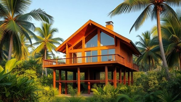 Modern sustainable architecture in Bahia surrounded by palm trees.