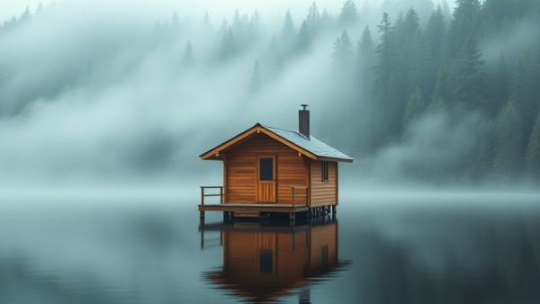 Water Cave Sauna in Norway on misty lake surrounded by forest.