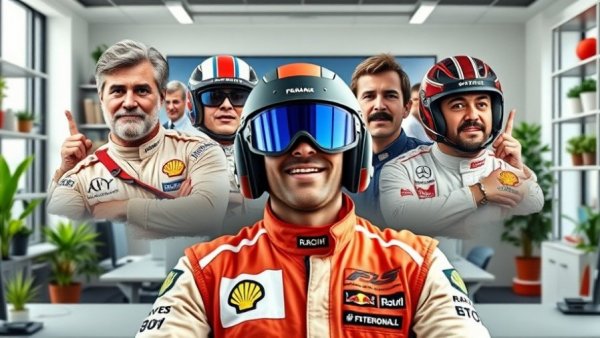 Humorous Formula 1 Mount Rushmore collage in modern office.