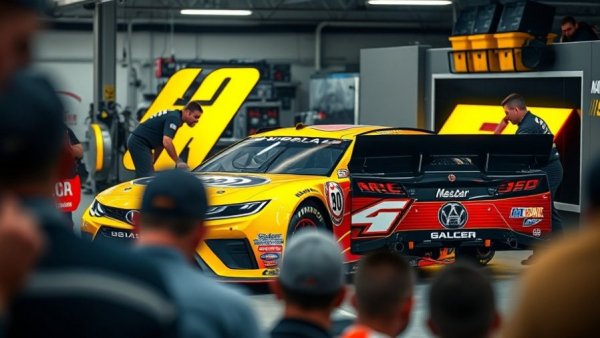 NASCAR NextGen car in garage with crew and blurred spectators.