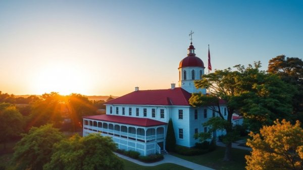 Sede Ser Headquarters amidst lush greenery at sunset