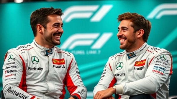F1 racing professionals in interview setting, smiling.