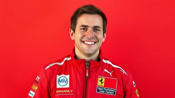 Smiling man in red racing jacket with sponsor logos, Lewis Hamilton Las Vegas Grand Prix helmet.