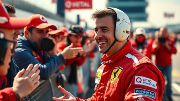 Lewis Hamilton greeting fans in Ferrari suit at racetrack event.