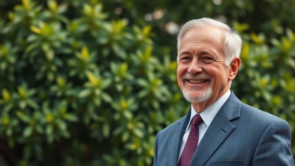 Smiling older man in suit outdoors, lush green background, retirement.
