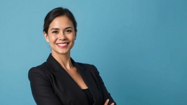 Professional woman smiling confidently, designer collaboration in tile design context