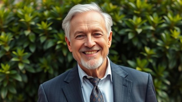 Building products industry veteran smiling in lush green setting.