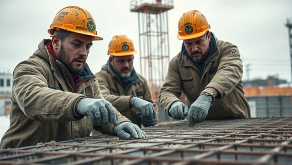 Cold weather concreting with workers pouring concrete on rebar.