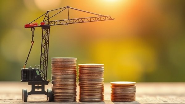 Miniature crane lifting coins depicting construction salary trends.