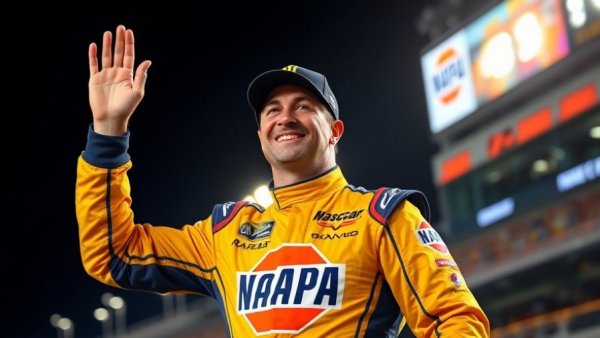Christian Eckes NASCAR Truck driver waving under bright lights.