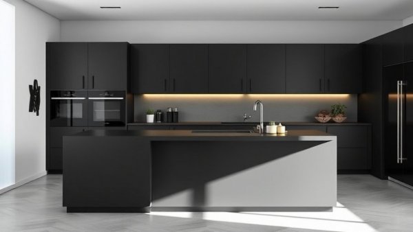 Minimalist kitchen with black Neolith surface finish.