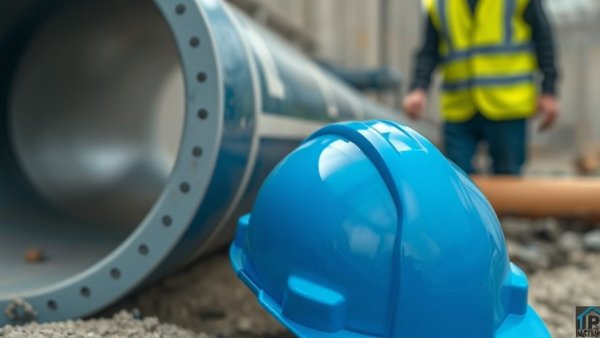 Construction site with a blue hard hat near a pipe, highlighting safety.