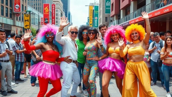 Formula 1 celebration with vibrant performers in a lively urban setting.