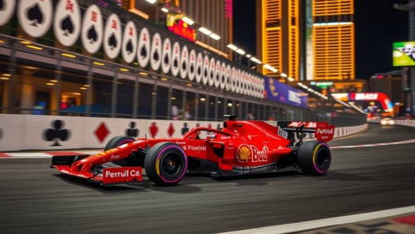 Formula 1 car at Las Vegas Grand Prix cornering at night.