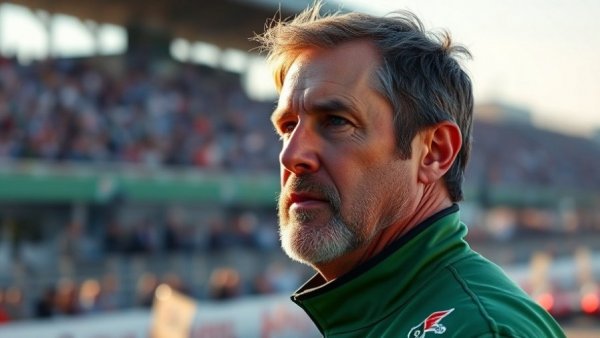 Focused man at race in green gear, Adrian Newey documentary.