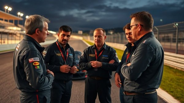 Formula One safety discussion on racetrack at night.