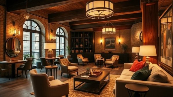 Modern rustic lounge with boutique hospitality design, stylishly arranged.