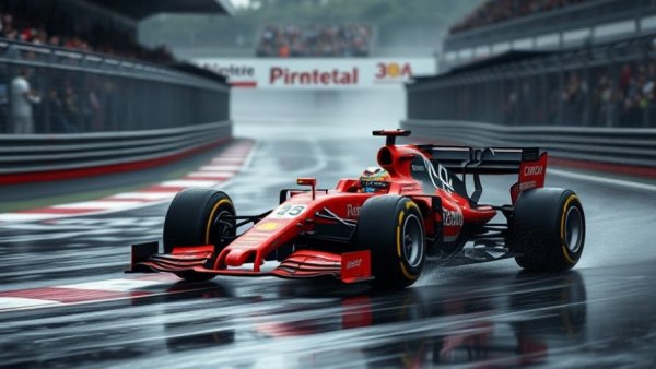 High-speed Formula 1 car racing on a wet Las Vegas Grand Prix track.