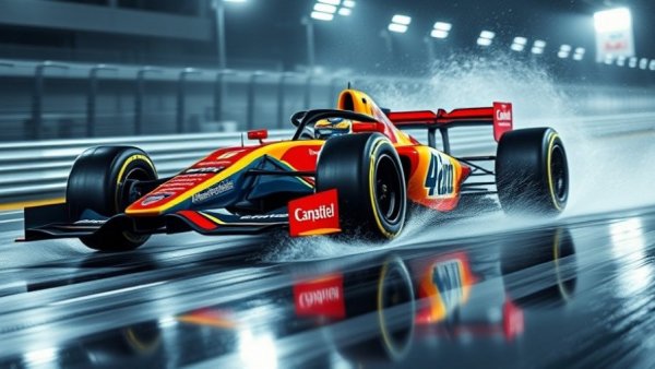 Formula One car speeding on wet track under bright lights.