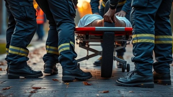First responders aid injured worker on stretcher outdoors, supporting injured workers.