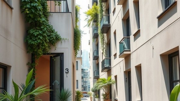 Modern compact urban living design with lush greenery and open entrance.
