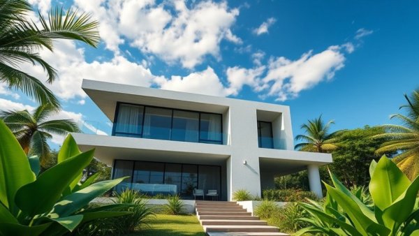 Modern concrete house with tropical garden, showcasing INHERIT House architecture.