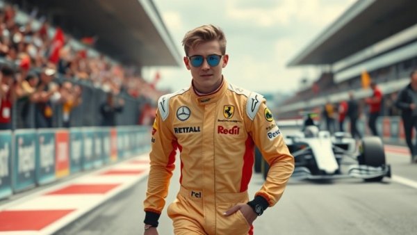 Energetic young man in racing gear on a Formula 1 track with cheering crowd.